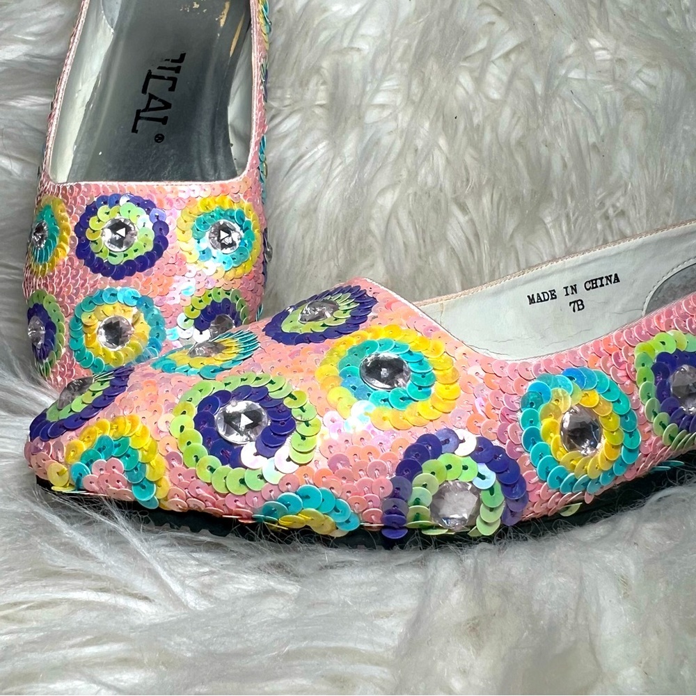 Radical Pink Blue Yellow Purple and Silver Sequined Dressy Flats - Picture 9 of 10